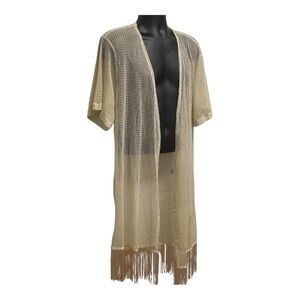 Cream Fringe Open Front Kimono Cardigan OS Lightweight Boho Layering Piece